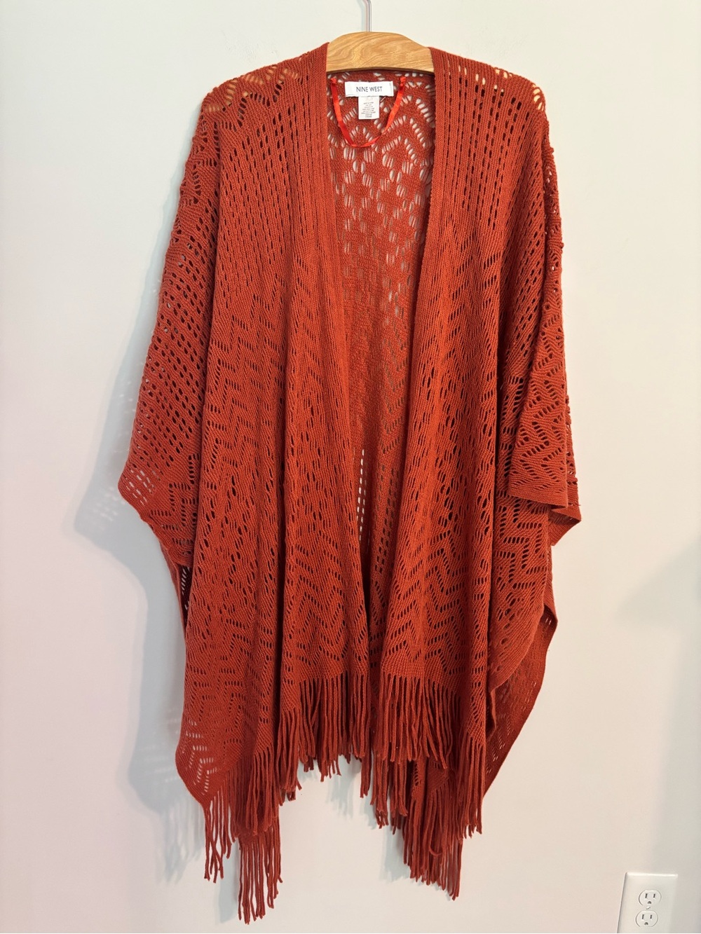 Nine West Raschel Knit Fringed Ruana Shawl in rust